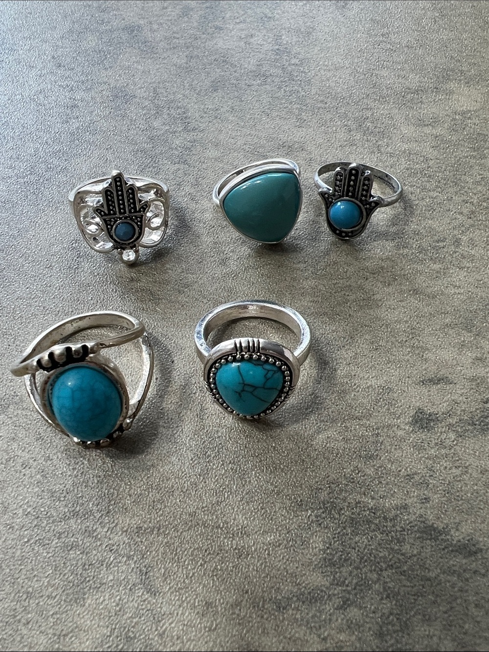 Turquoise Stone Silver covered Tone Stackable Rings - Set of 5. Size 7-8